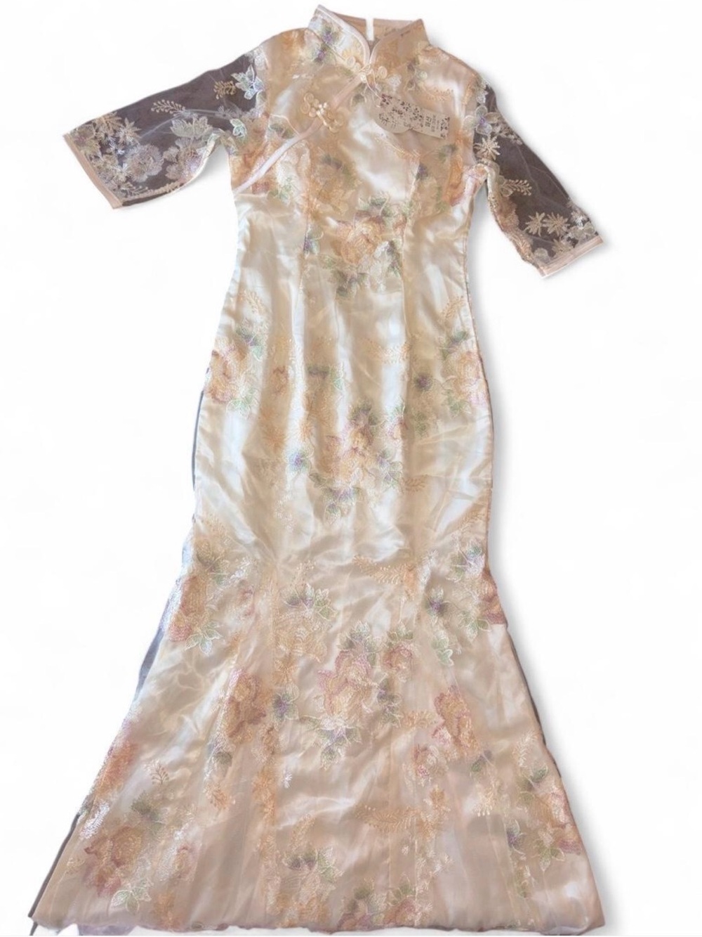 Elegant Floral Embroidered Cheongsam Dress - Ivory Pink